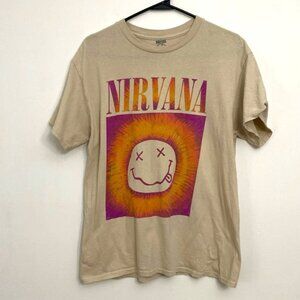 NIRVANA Band T-Shirt Smiley Face Women's Size M Tan Purple Orange Rock Grunge